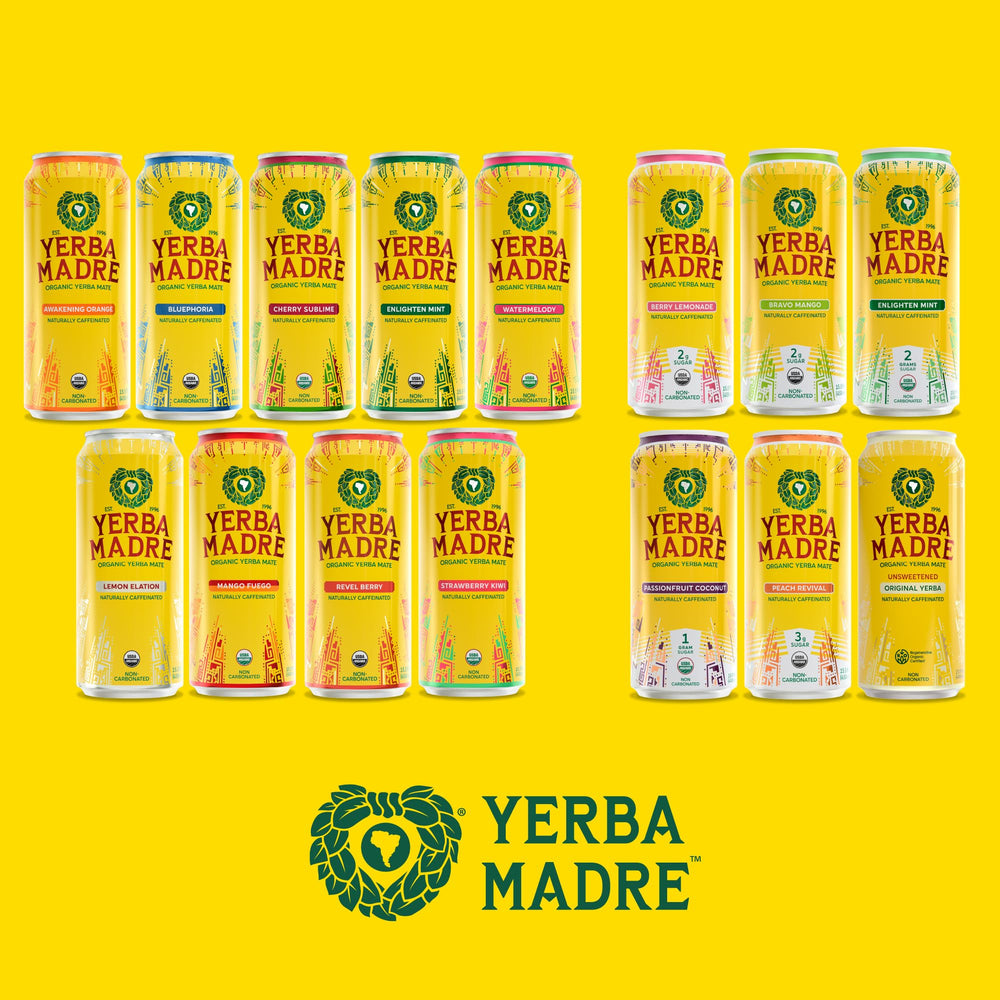 Guayaki Mango Fuego can beside phone for scale showing 15.5oz size advantage