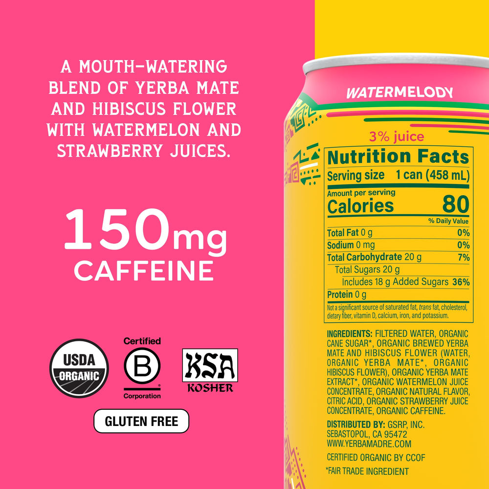 Guayaki Watermelody side label detail highlighting organic ingredients and origin benefit