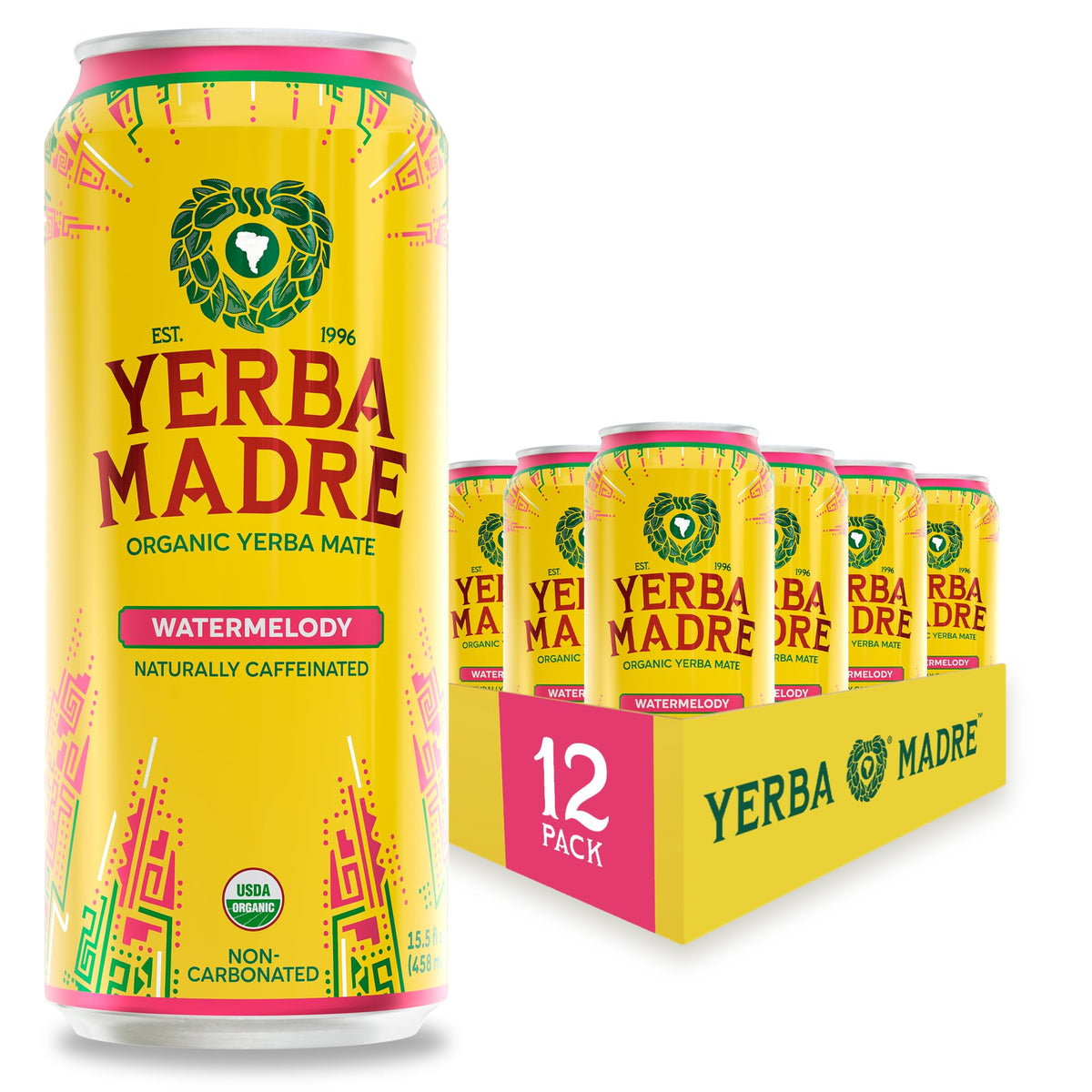 Guayaki Watermelody front can showing vibrant label and serving suggestion benefit