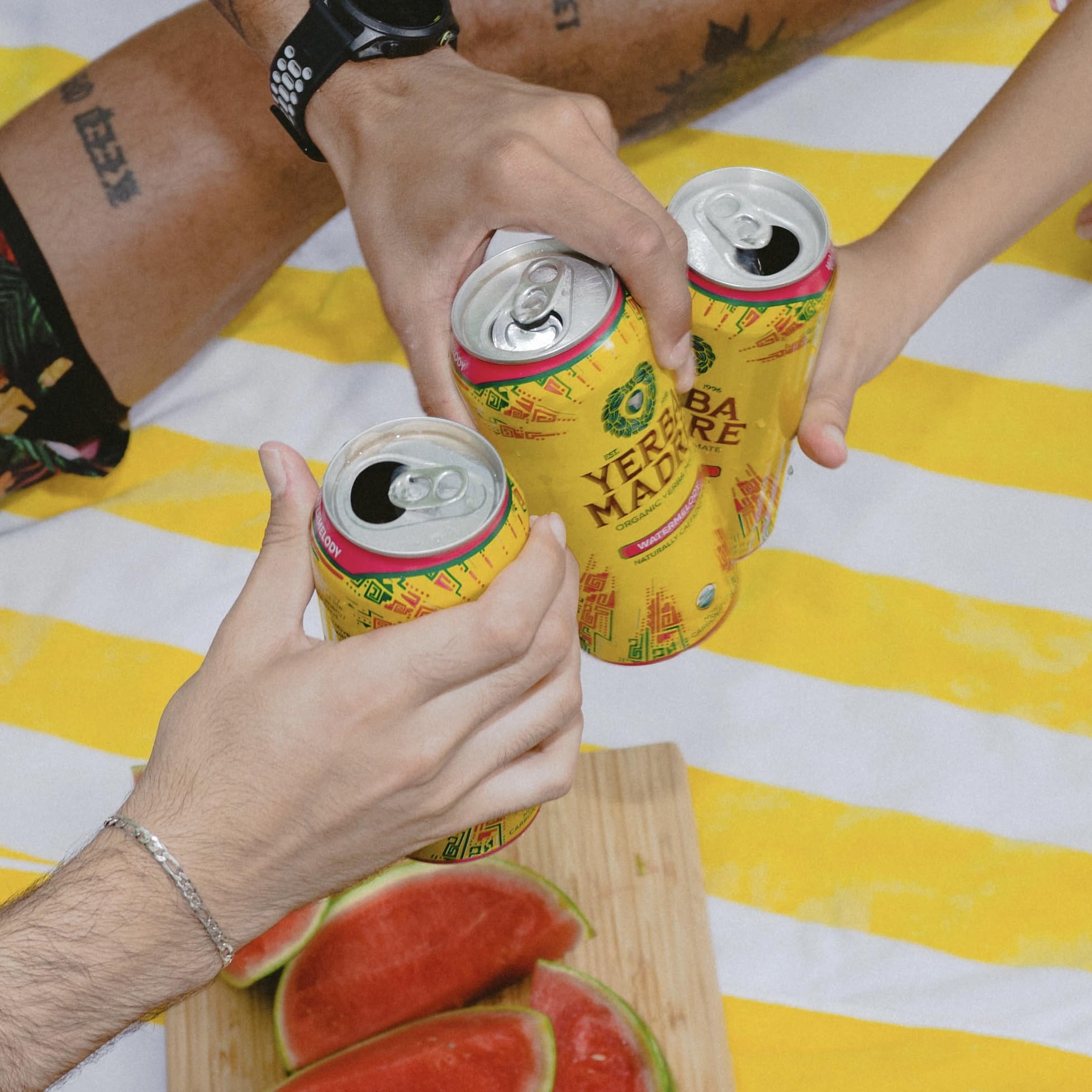 Guayaki Watermelody at picnic with friends showing social, on-the-go energy benefit