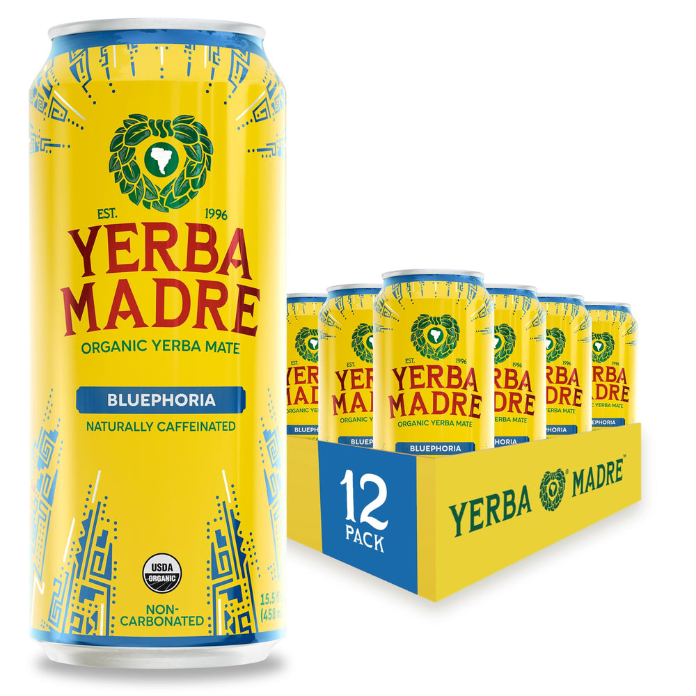 Guayaki front can showing Bluephoria label and organic certifications for trust