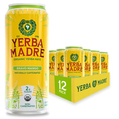 Guayaki can front view showing Yerba Madre Bravo Mango and low-sugar benefit