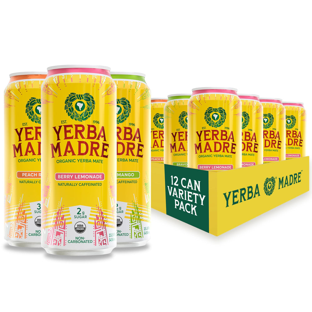Guayaki Yerba Madre front packaging showing low-sugar cans and organic branding for convenient energy