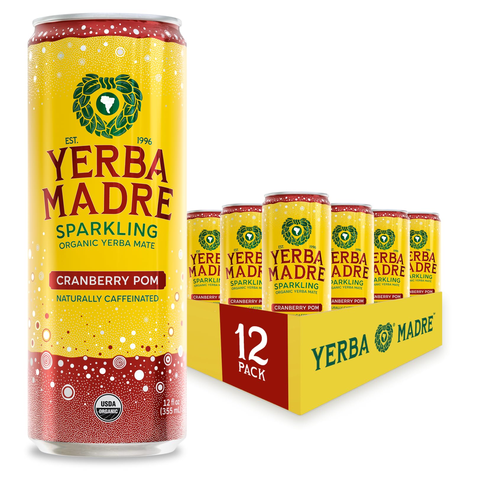 Guayaki Yerba Madre front packaging showing 12-pack and cranberry-pom flavor benefits