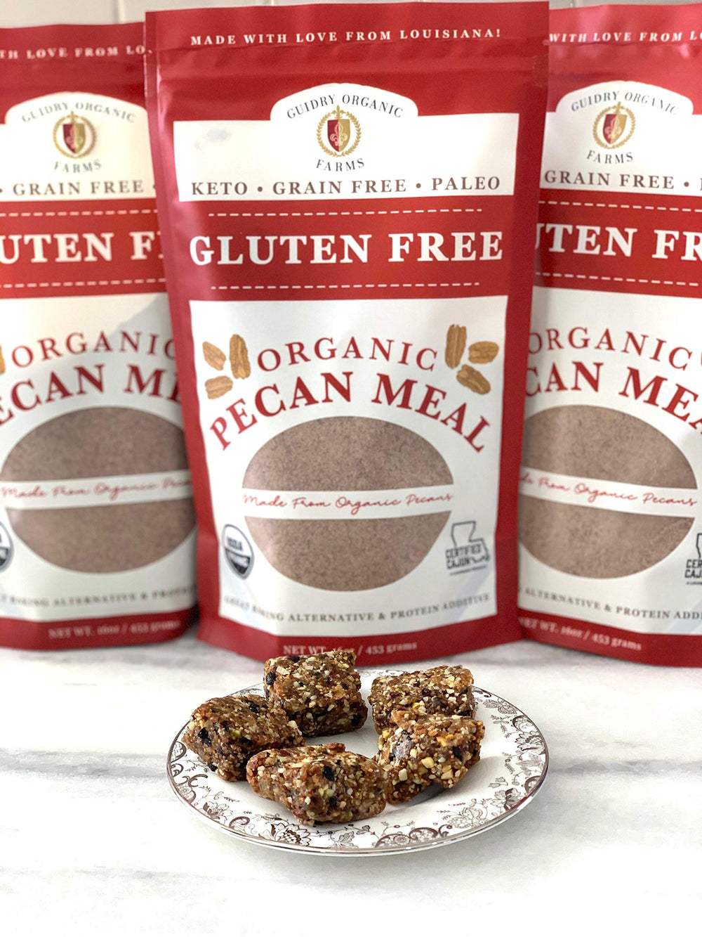 Guidry Organic Farms pecan meal coating on chicken showing crispy, flavorful crust