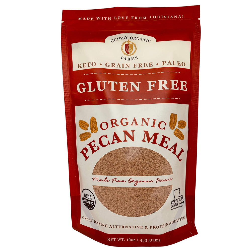 Guidry Organic Farms front packaging showing organic pecan meal benefit convenience