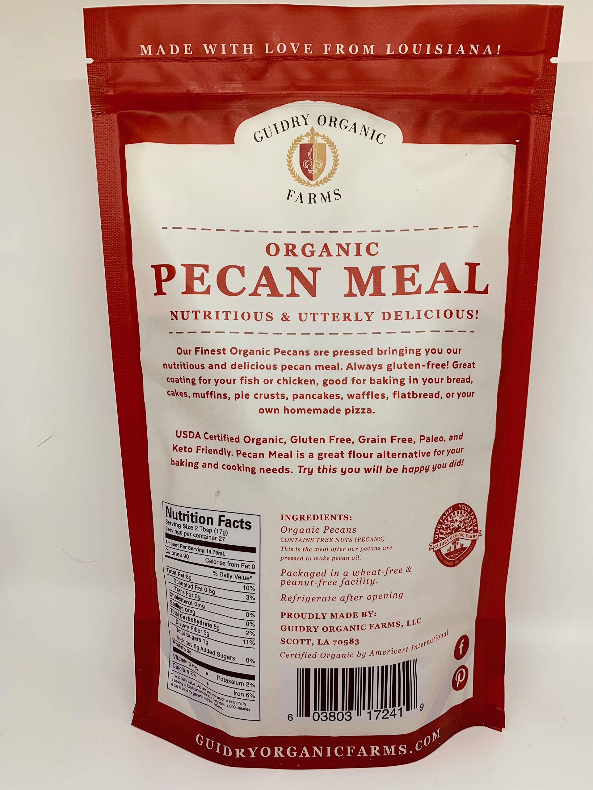 Guidry Organic Farms open bag showing granular pecan meal adds texture to recipes