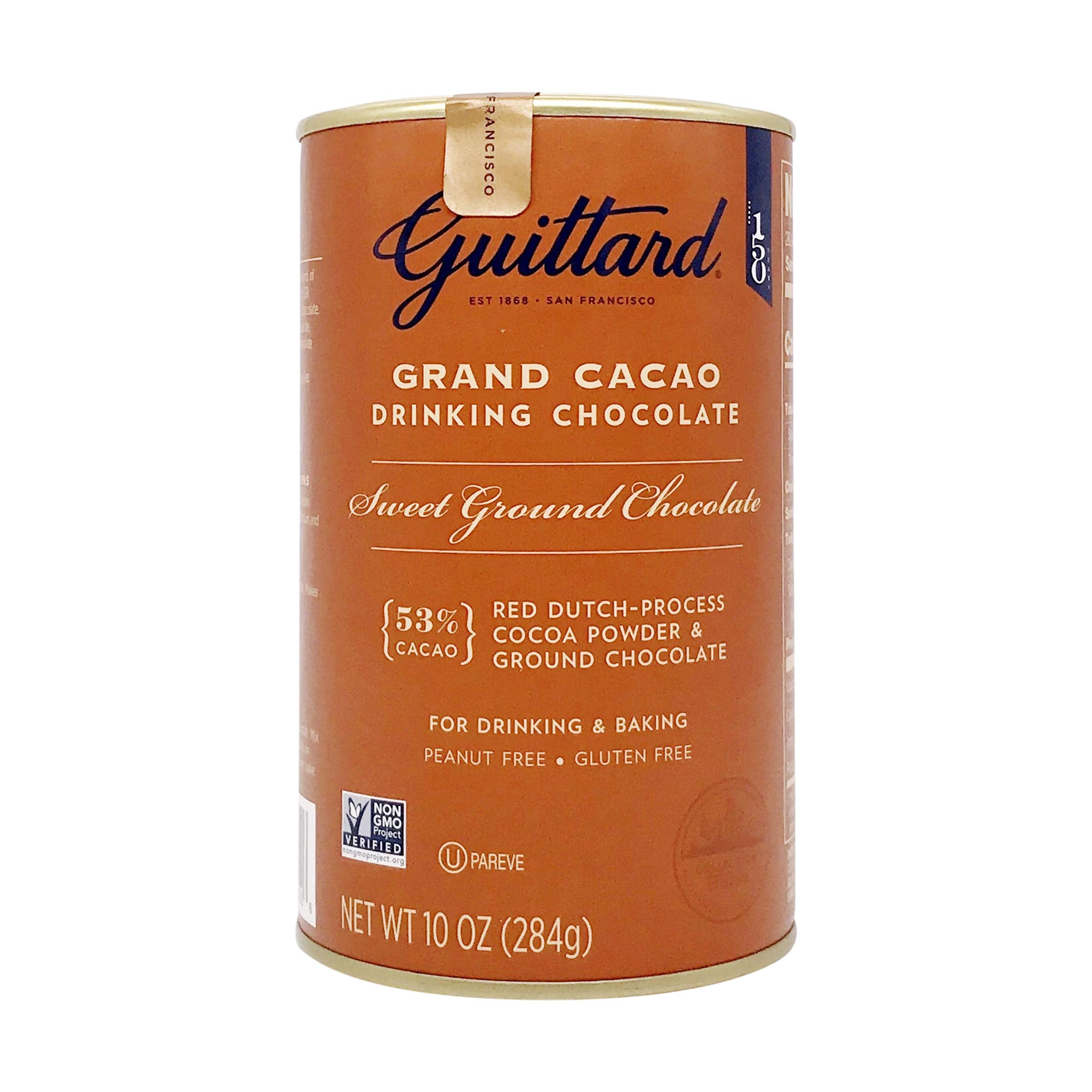 Guittard Grand Cacao canister front view showing label and size, highlighting premium quality