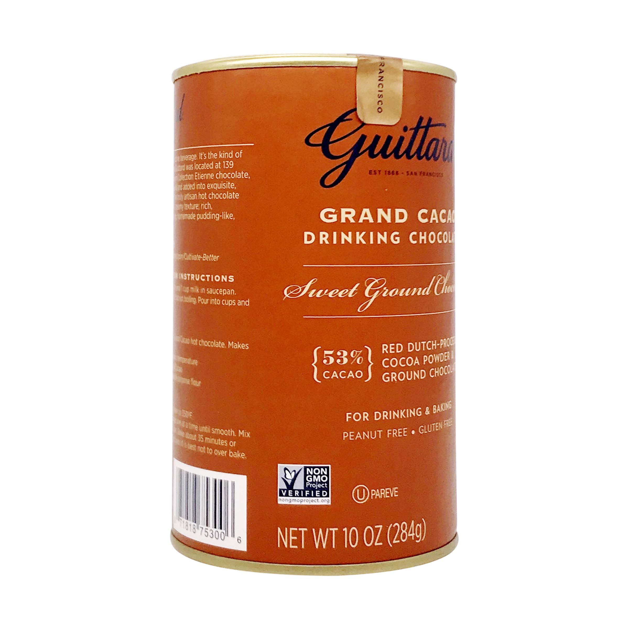 10 oz Guittard Grand Cacao canister next to measuring spoon for portion and serving reference