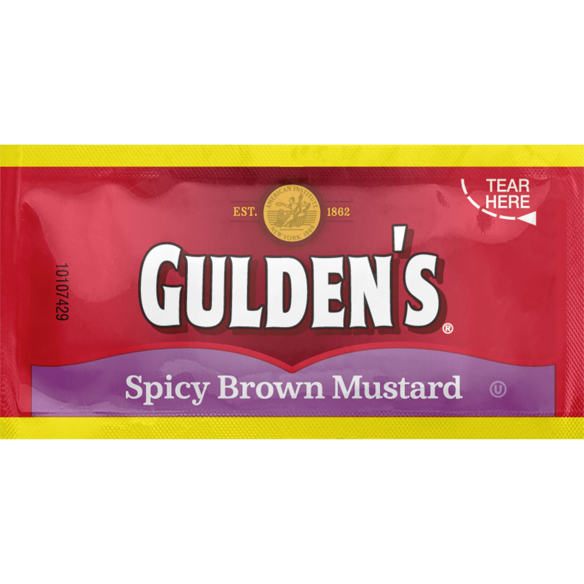 Gulden's spicy brown mustard packets front view showing packet design and serving convenience