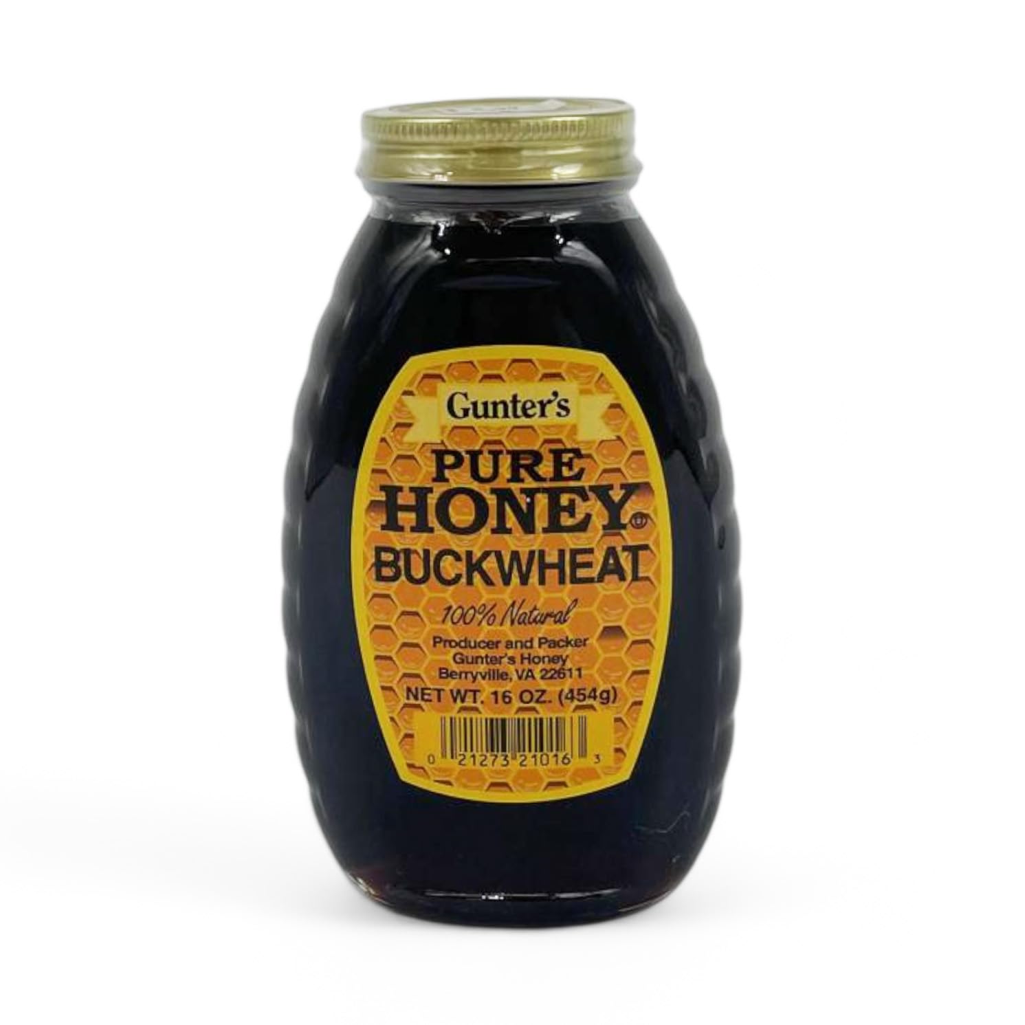 Gunter's buckwheat honey front label showing rich color and robust flavor