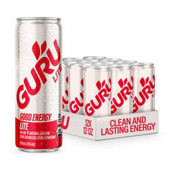 GURU Lite front can showing apple-grape flavor and organic badge for clean energy