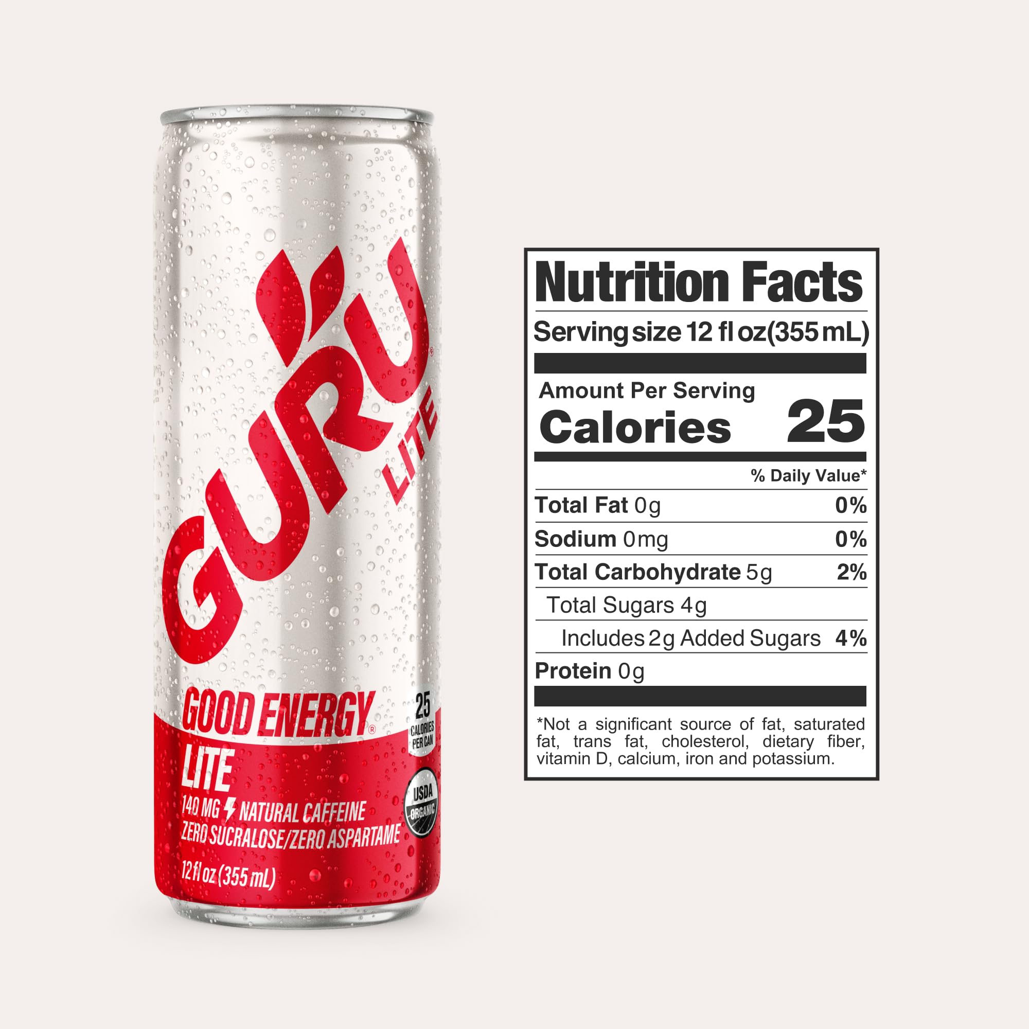 GURU Lite open can being poured into glass illustrating refreshing, light taste