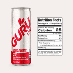 GURU Lite open can being poured into glass illustrating refreshing, light taste