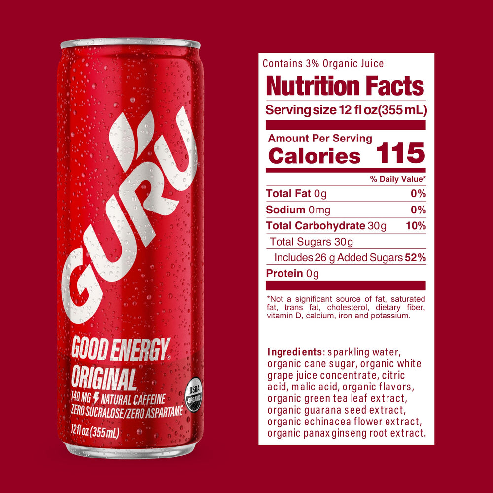 GURU can angled to highlight ingredients list and USDA organic badge benefit