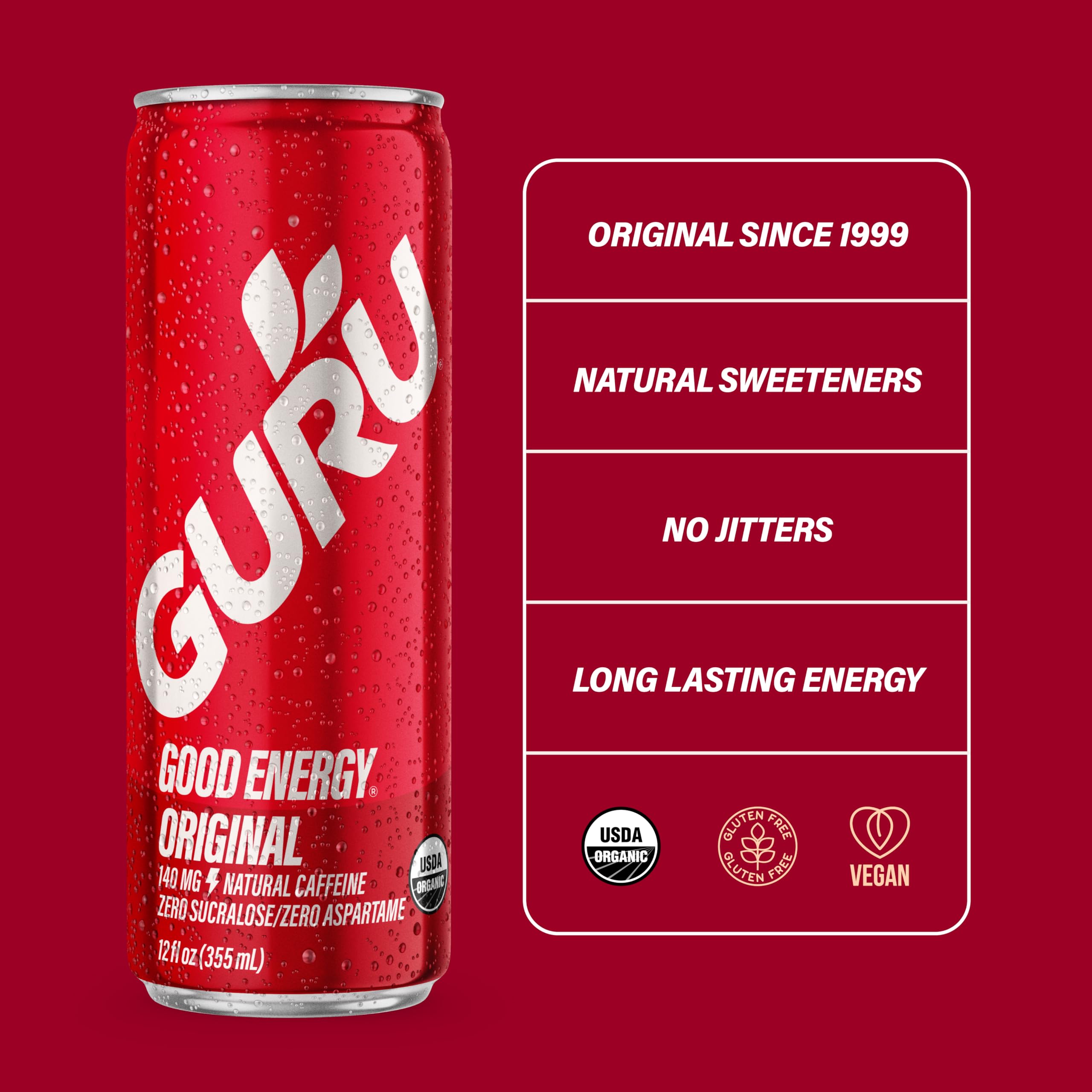 GURU arrangement of green tea and guarana botanicals showing natural caffeine