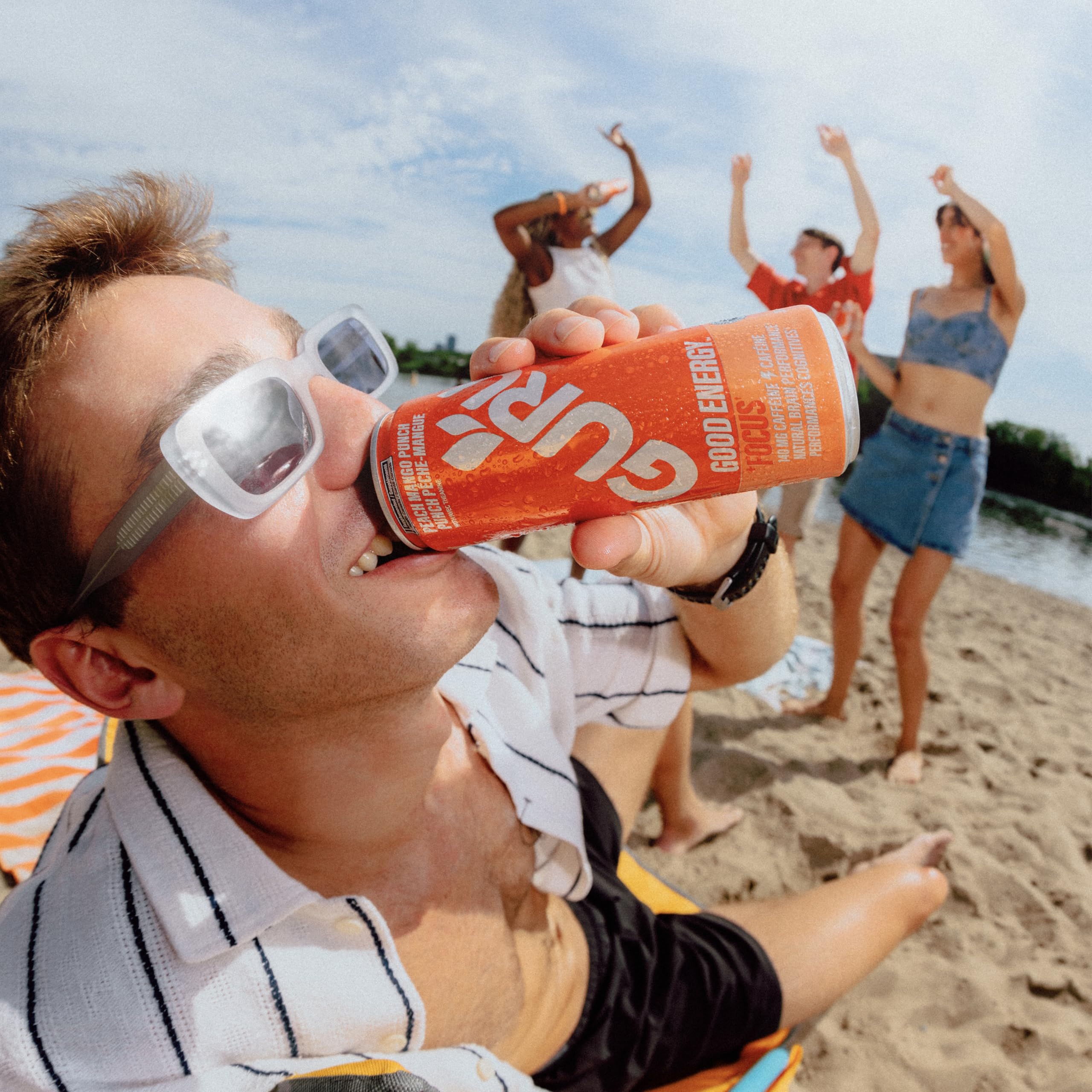 GURU Peach Mango Punch can top view emphasizing portability and resealable look