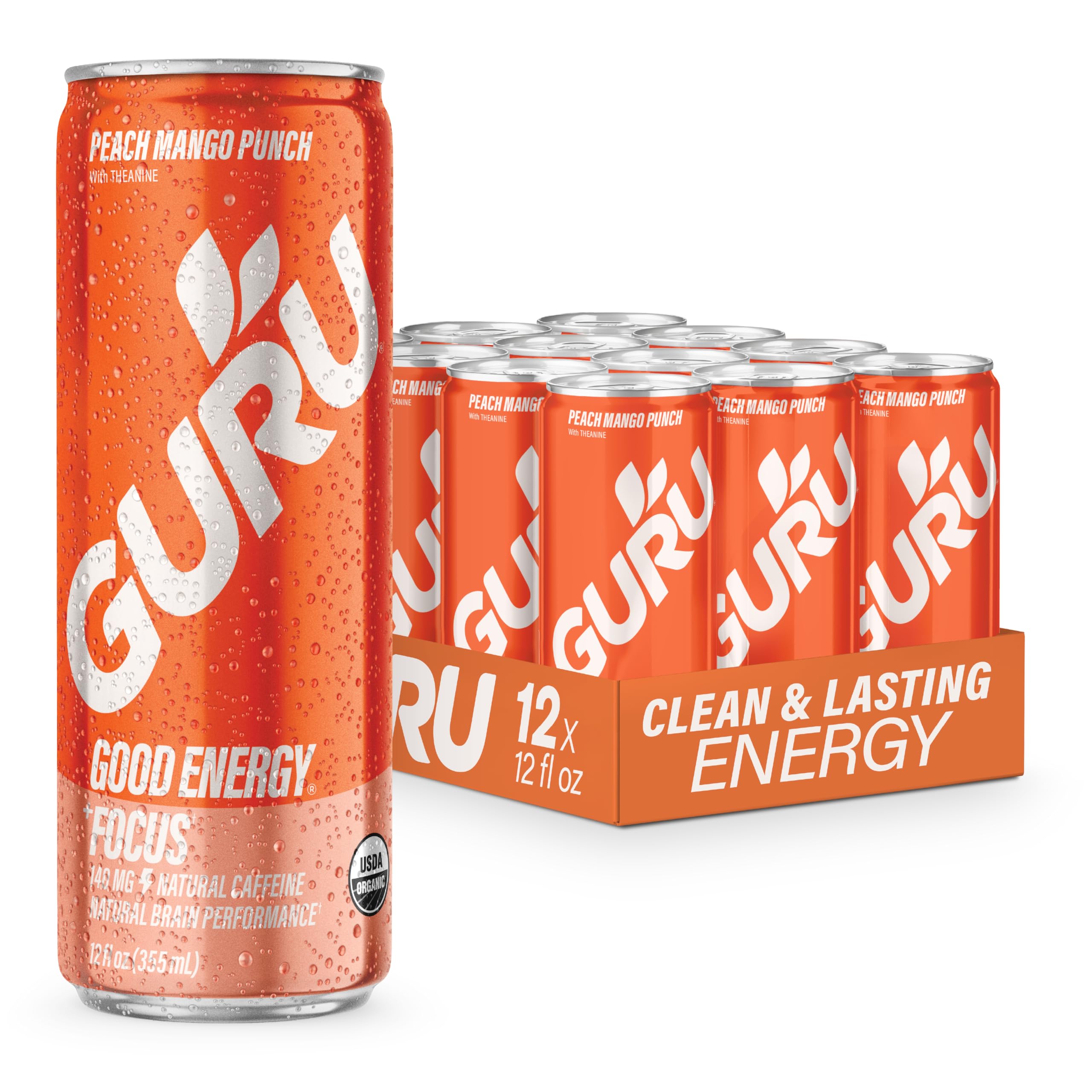 GURU Peach Mango Punch front packaging showing can and flavor benefits