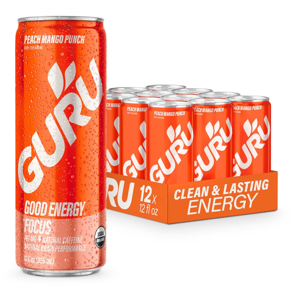 GURU Peach Mango Punch front packaging showing can and flavor benefits