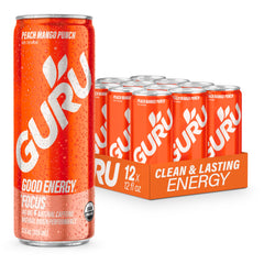 GURU Peach Mango Punch front packaging showing can and flavor benefits