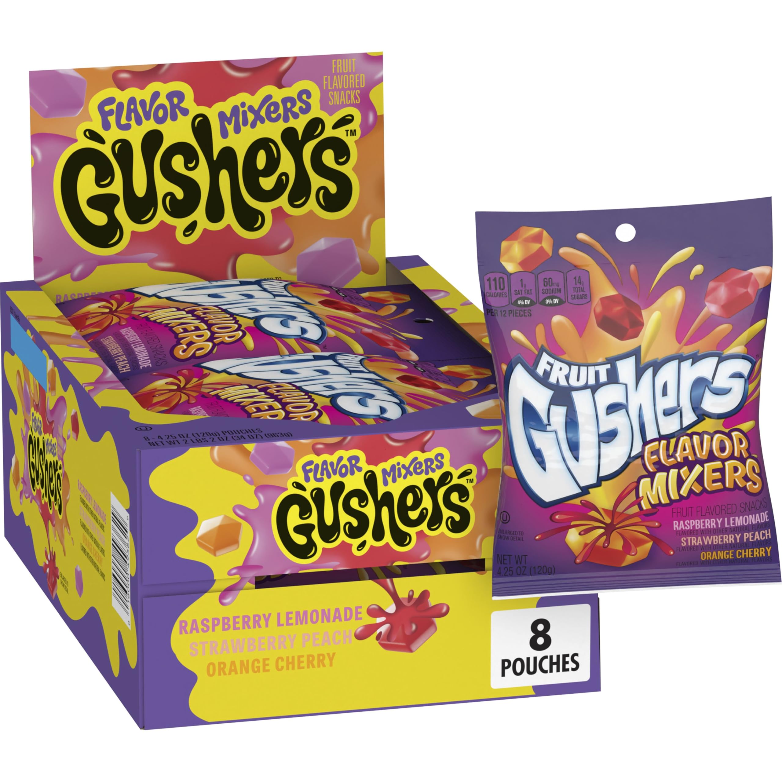 Gushers front packaging showing flavor mixers and bright colors for easy recognition