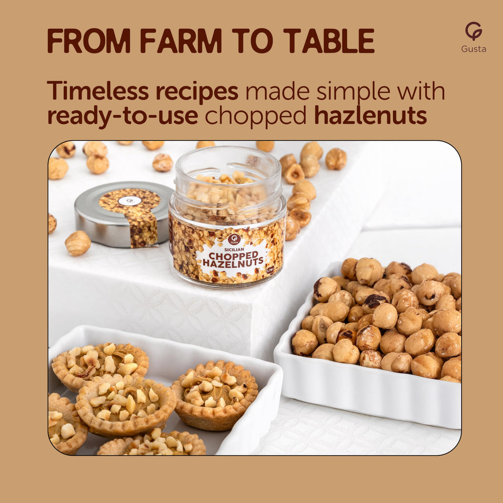 GUSTA chopped hazelnuts on spoon showing jar portion size and scale