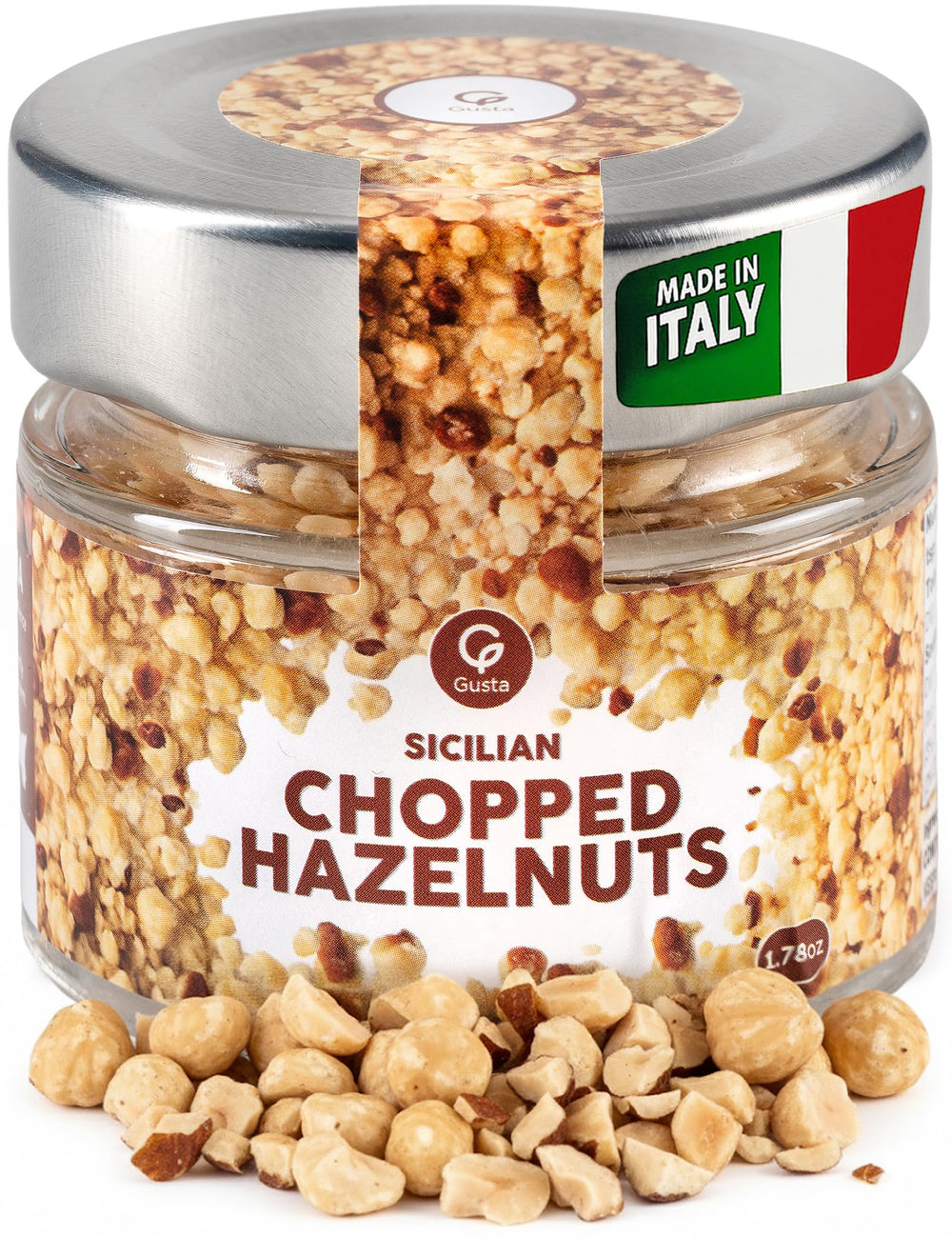 GUSTA jar front view showing label and resealable lid for freshness