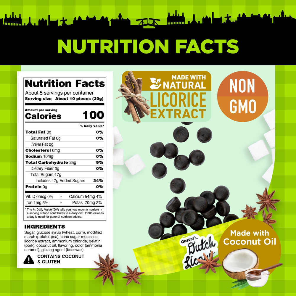 Gustaf's licorice beside a ruler for scale showing size per piece benefit: portion clarity