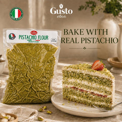 GUSTO ETNA pistachio cake slice showing rich color and natural flavor benefit