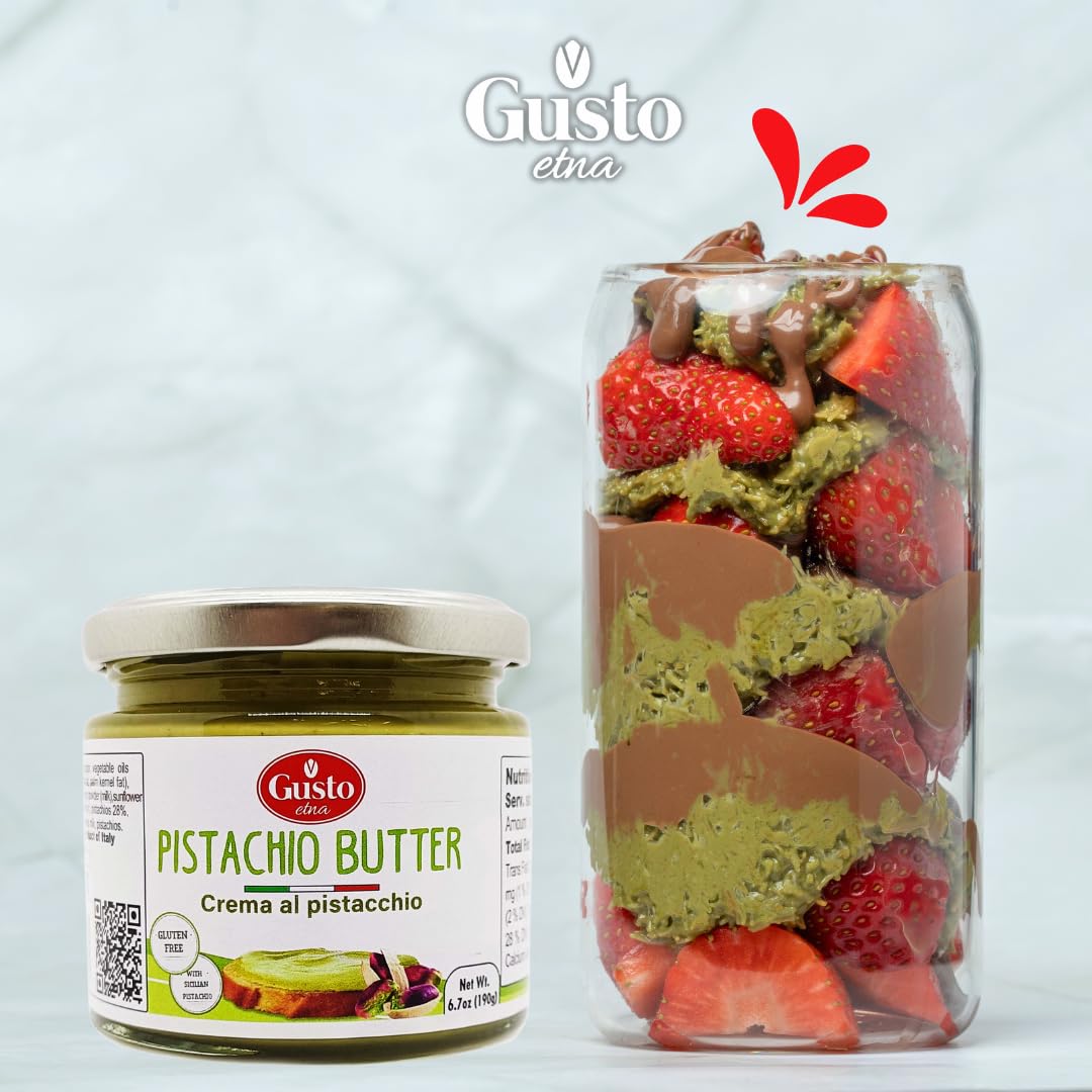 GUSTO ETNA whole pistachios beside jar highlighting authentic nut source