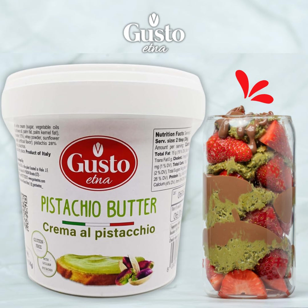 GUSTO ETNA label and ingredients view showing Italian origin and pistachio percentage