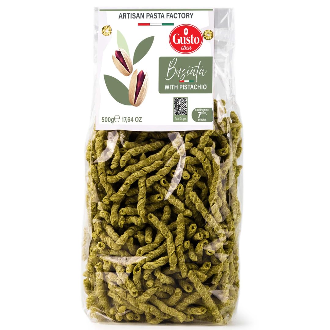 GUSTO ETNA front packaging showing 500g pistachio busiata, highlights authenticity