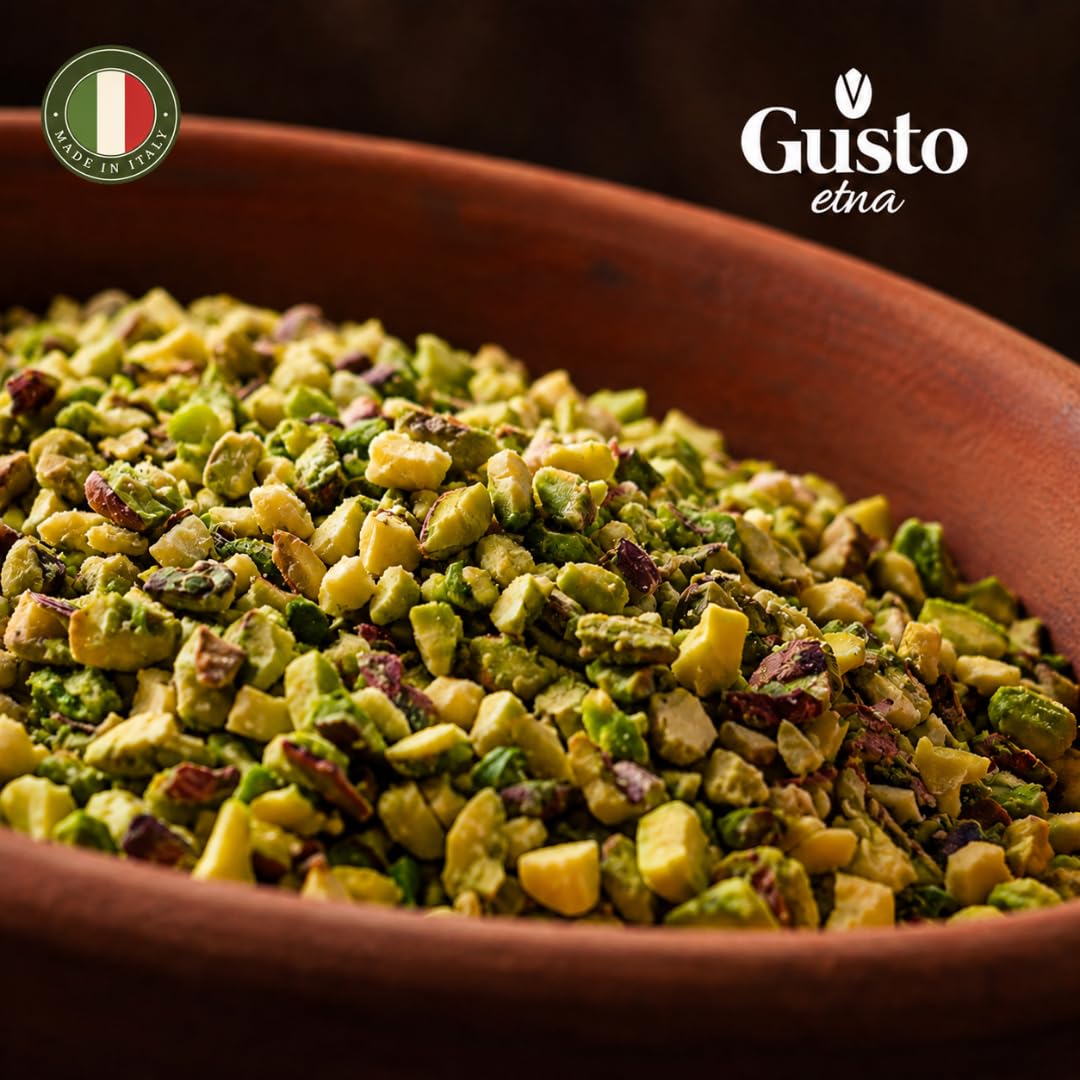 GUSTO ETNA pistachio crumbles sprinkled on dessert for color and crunch
