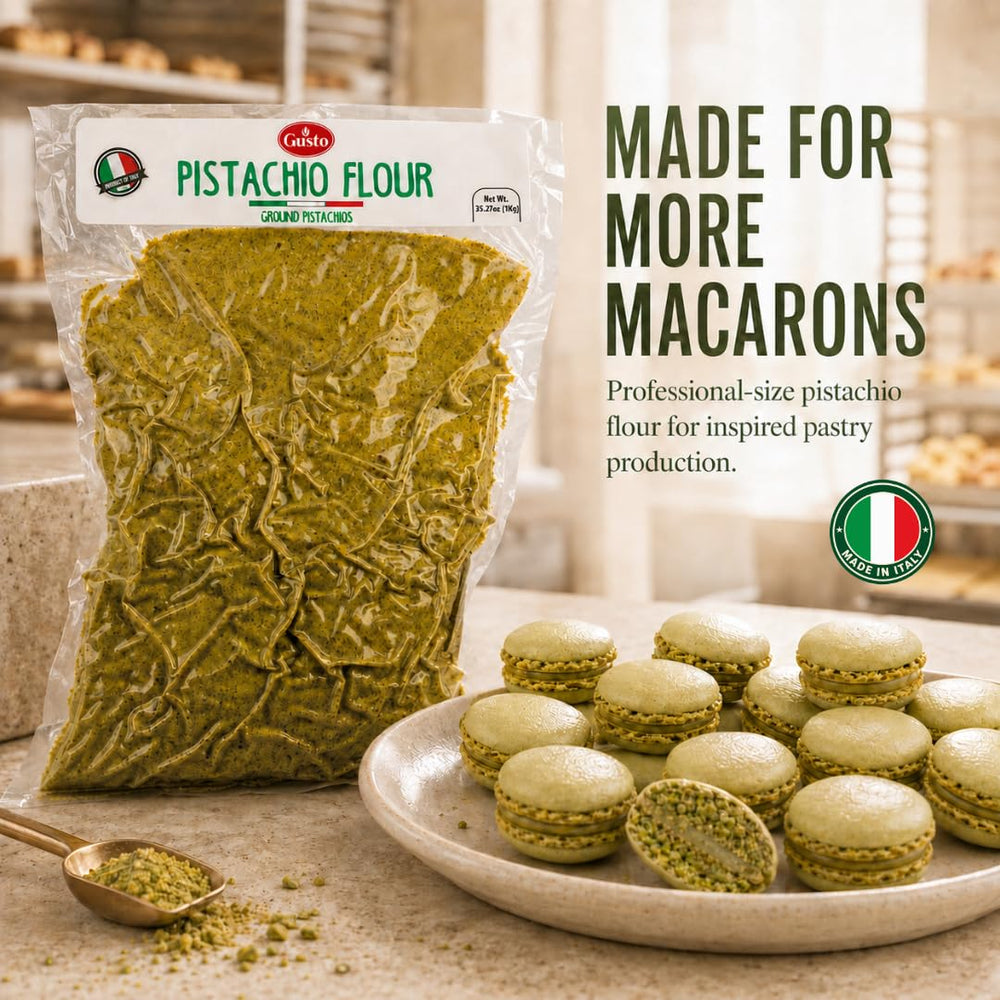 GUSTO ETNA spoon dispensing pistachio flour for precise portioning benefit