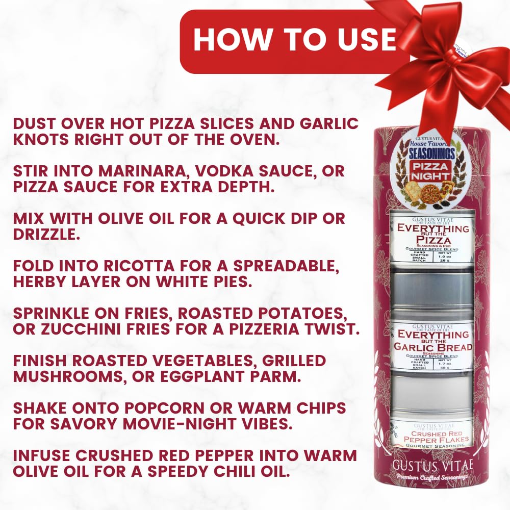 Gustus Vitae Everything But The Pizza label detail, highlights herb-forward blend for tomato dishes