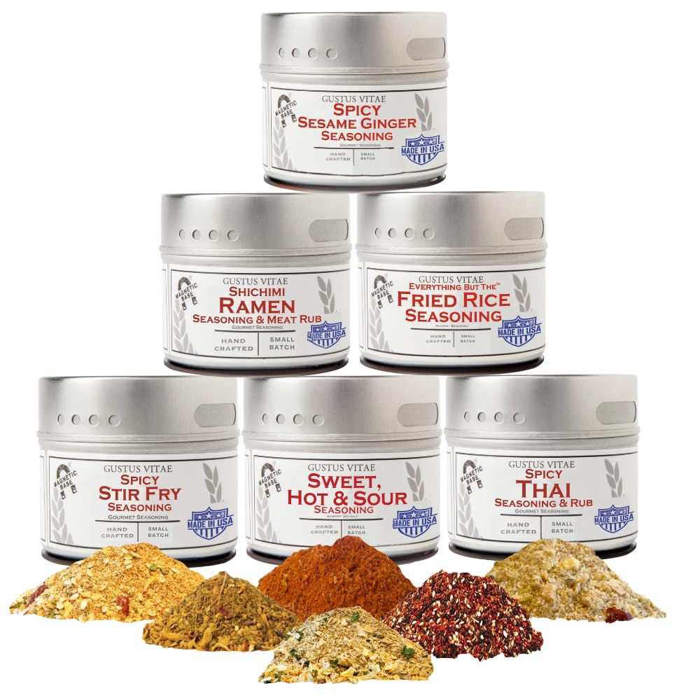 Gustus Vitae front packaging showing six-seasoning gift set and convenience