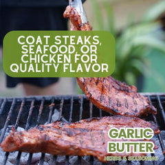 Gustus Vitae on a grilled steak illustrating rich buttery-garlic flavor enhancement