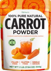 Gya Tea Co front pouch showing carrot powder branding and serving size benefits