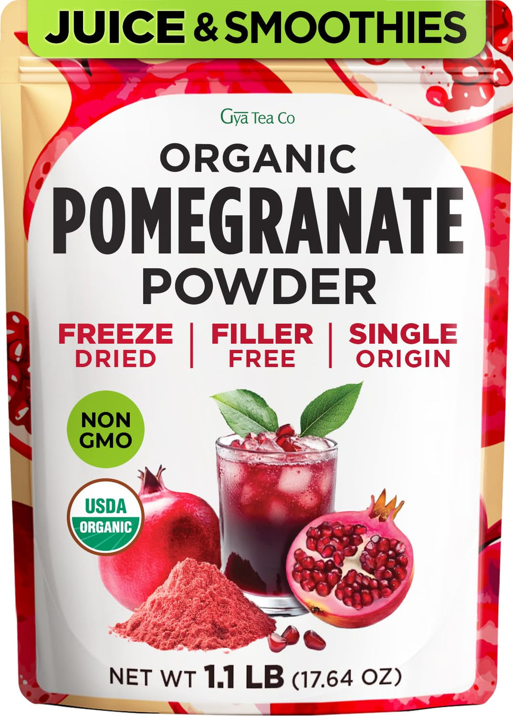 Gya Tea Co front packaging showing organic pomegranate powder and branding benefits