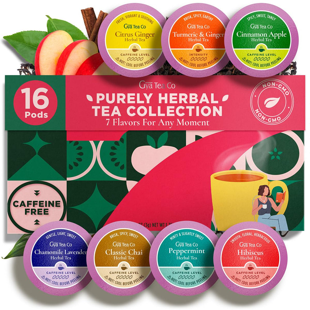 Gya Tea Co front packaging showing assorted 16-count herbal pod variety — convenient gifting