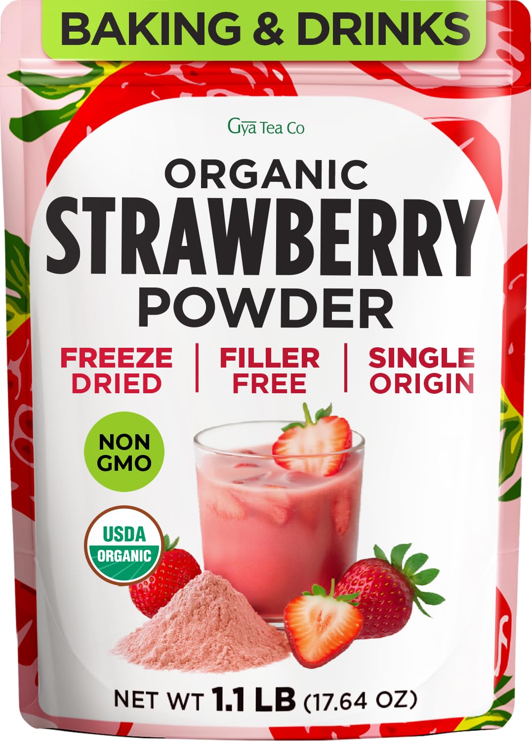 Gya Tea Co front pouch showing organic strawberry powder and branding benefit freshness