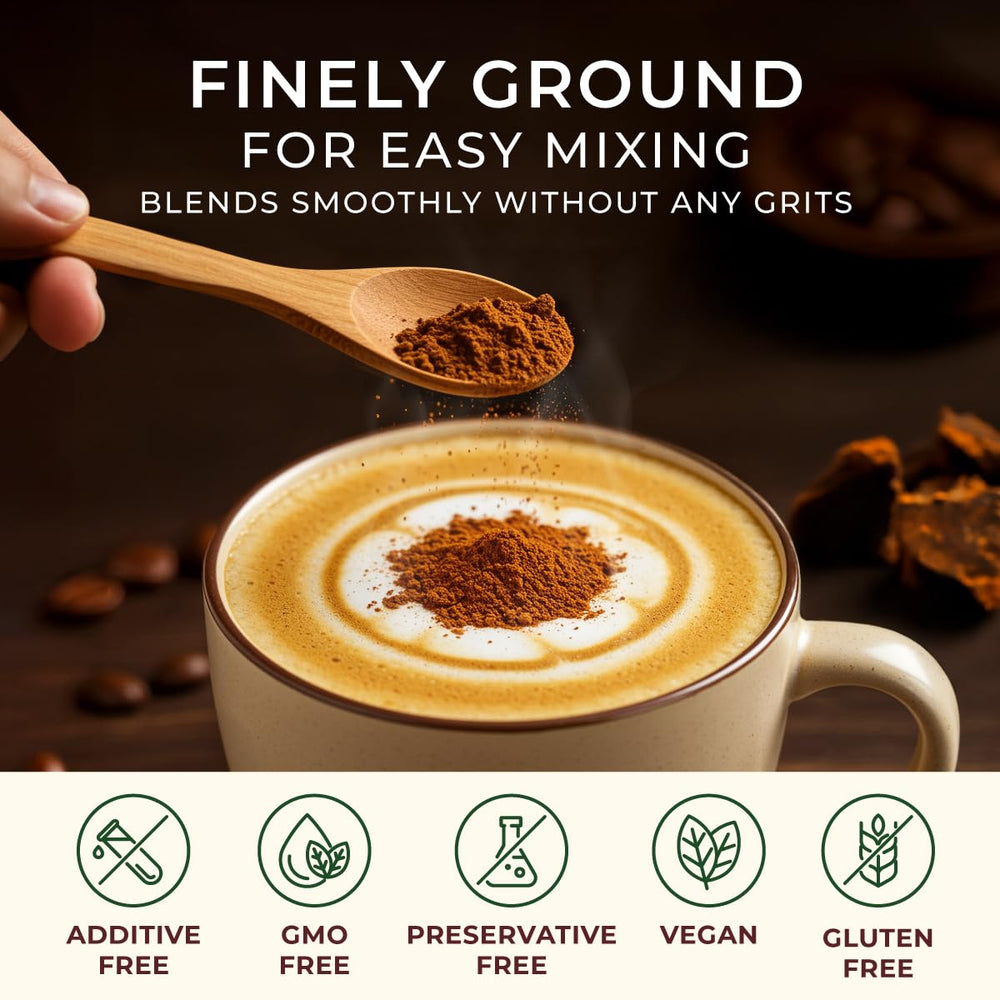 Gya Tea Co product label and ingredient list highlighting pure chaga