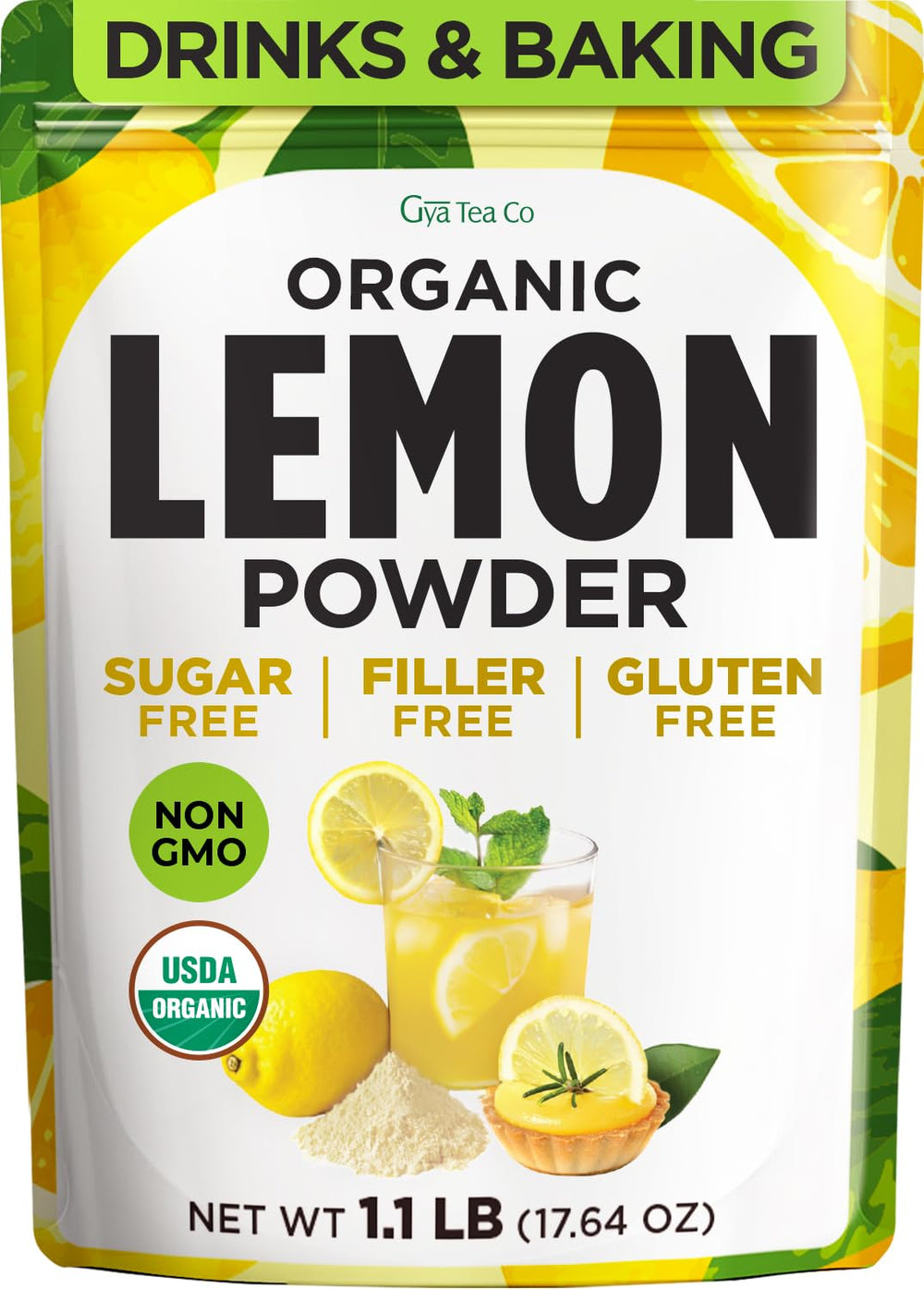 Gya Tea Co front packaging showing organic lemon powder and servings benefit