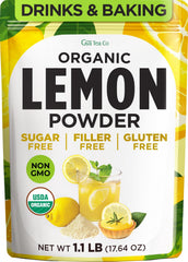 Gya Tea Co front packaging showing organic lemon powder and servings benefit