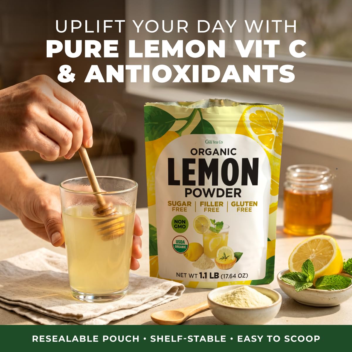 Gya Tea Co lemon powder on scale indicating package weight and servings
