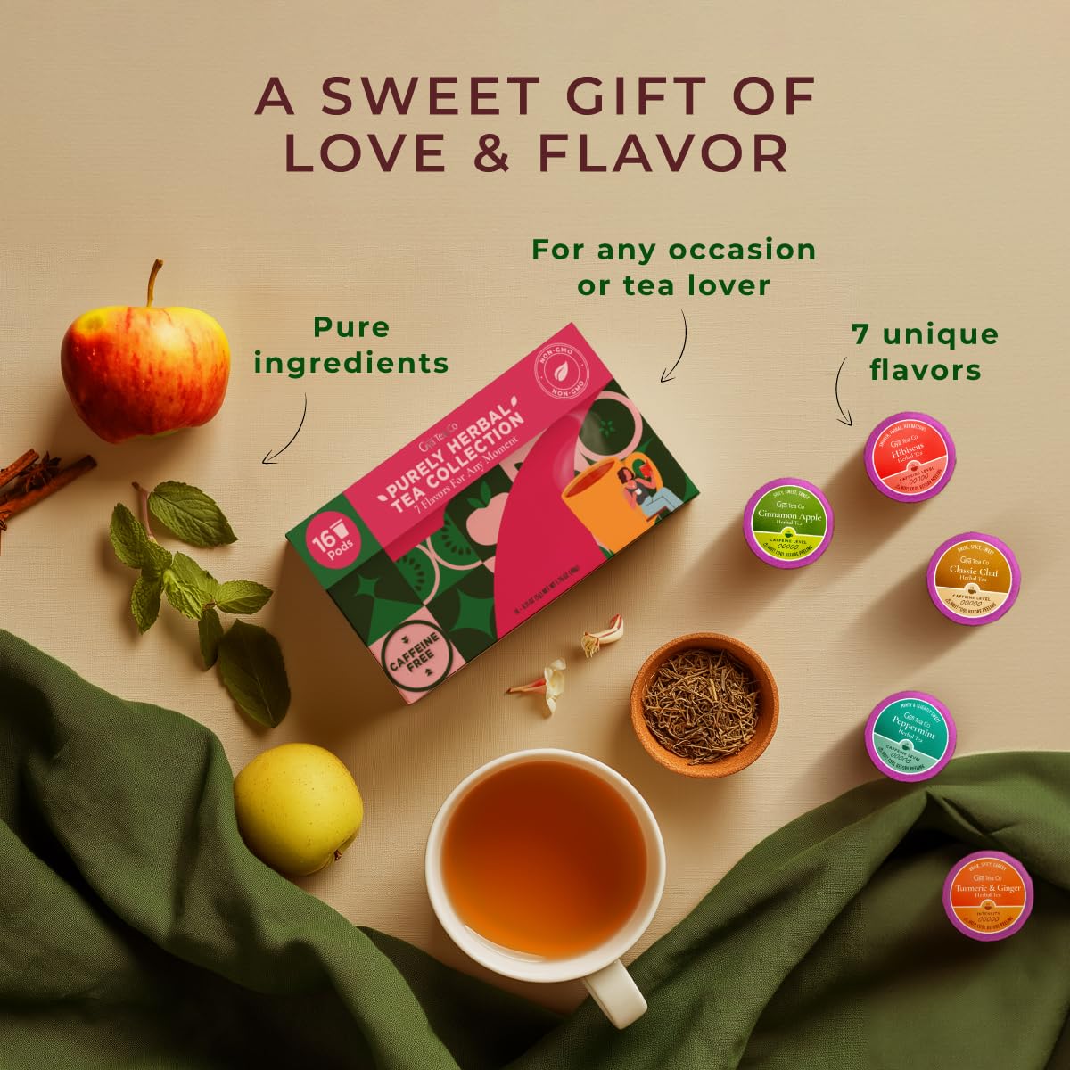 Gya Tea Co peppermint and hibiscus tea top view in cup showing bright color and refreshing taste