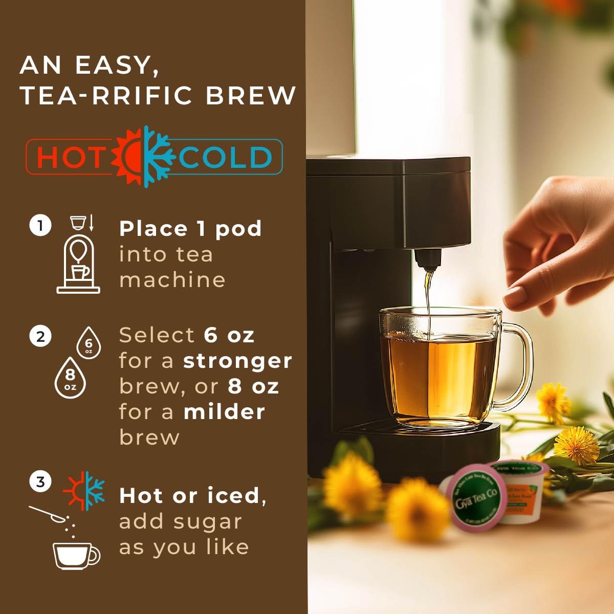 Gya Tea Co pod inside single-serve brewer demonstrating easy use