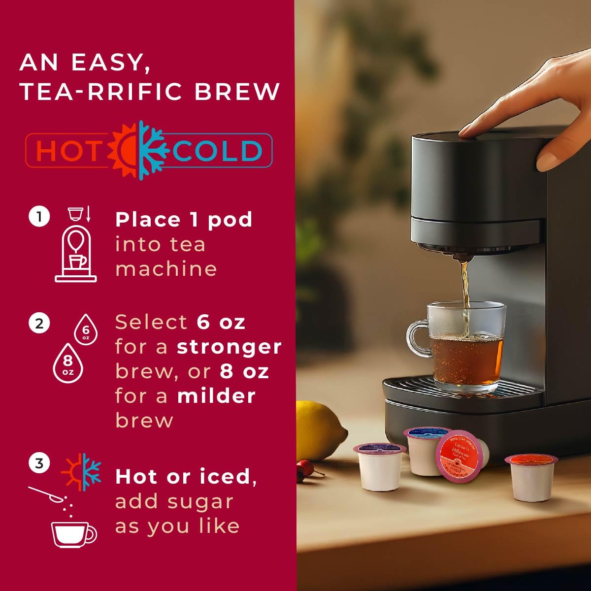 Gya Tea Co pod in hand for scale demonstrating compact travel-friendly benefit