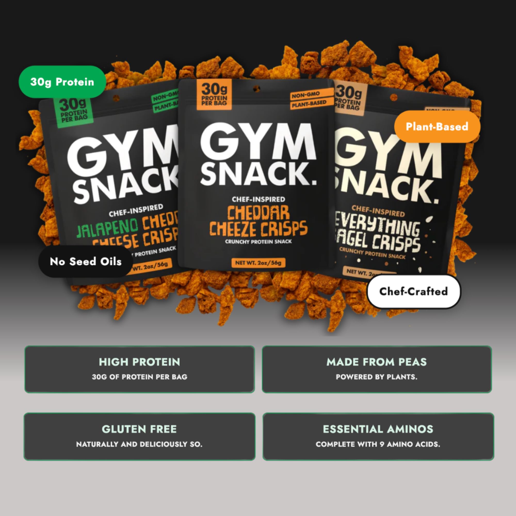 GYM SNACK closeup of crisp texture highlighting baked crunch and low‑fat appeal