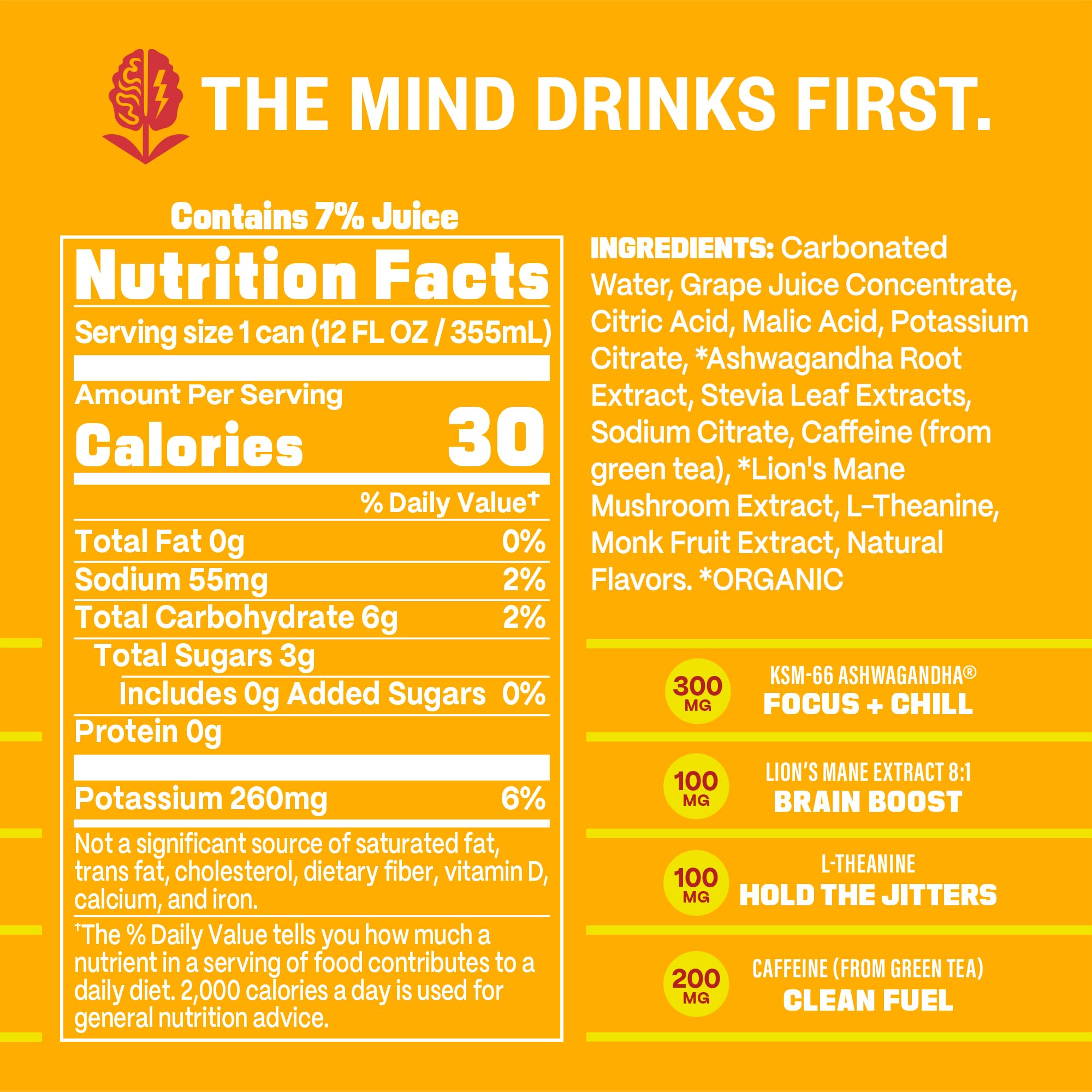 GYM SODA GYM WEED side label highlighting adaptogens and caffeine benefits
